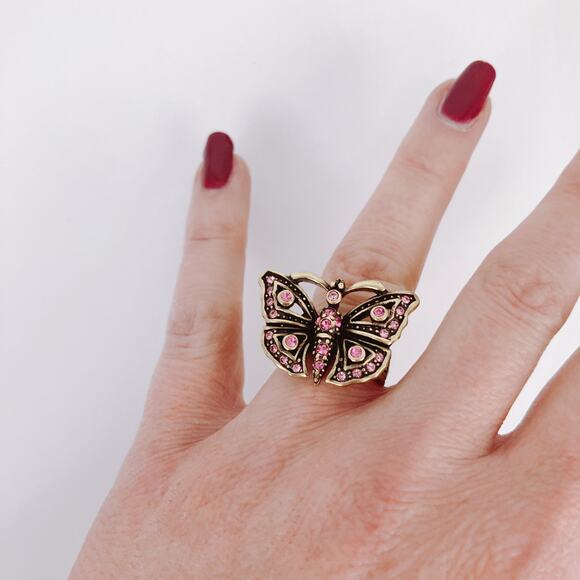 Signed Heidi Daus Pink Swarovski Crystal Butterfly Gold Tone Ring Size 6.75 VTG - Picture 6 of 12